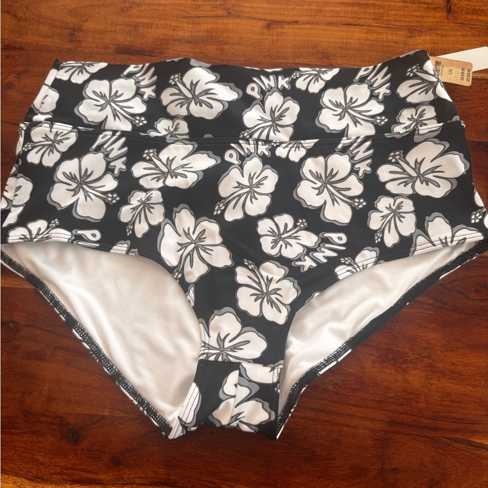 PINK Victoria's Secret Black and White Floral Bikini Bottom NWT